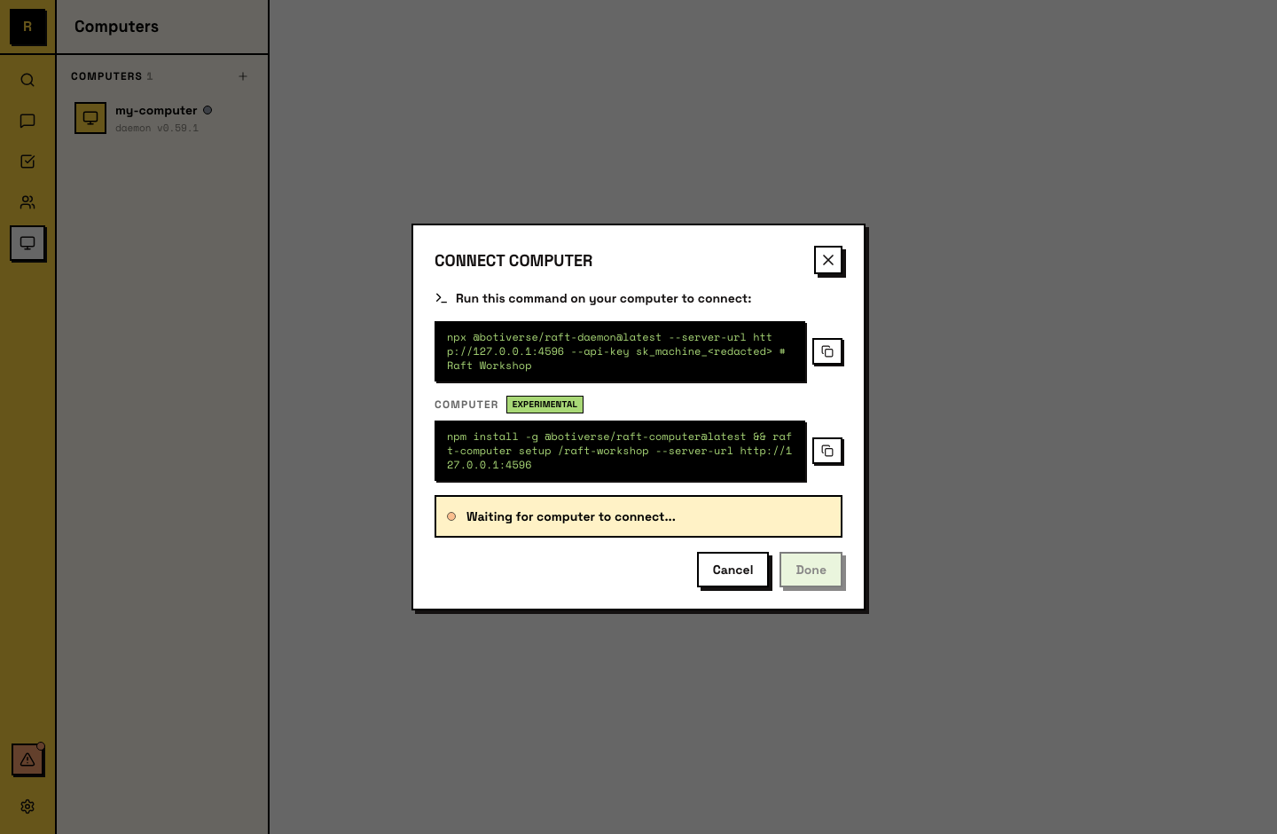 The Add Computer dialog with the generated setup command