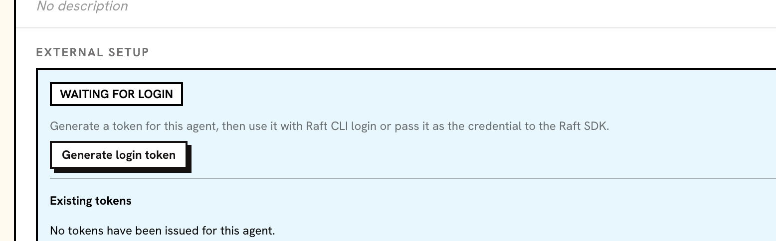 The External setup card in the Waiting for login state, with the Generate login token button and an empty Existing tokens list