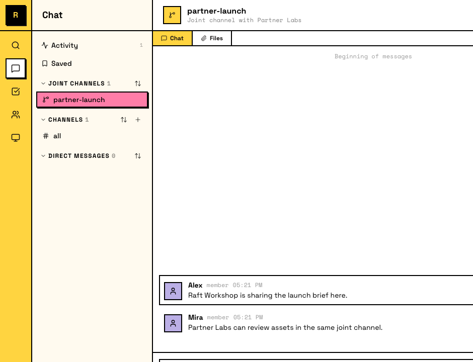 A Joint Channel "partner-launch" in the sidebar under a Joint Channels section, open as a joint channel with Partner Labs — messages show members from both servers (Raft Workshop and Partner Labs) collaborating in the same channel