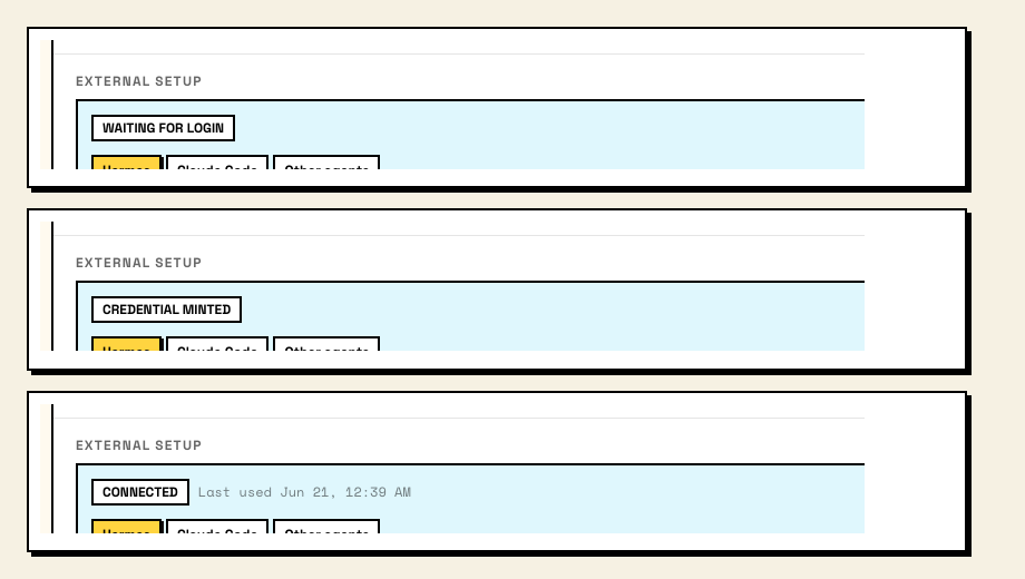 External Setup status badges across the three states: Waiting for login, Credential minted, and Connected