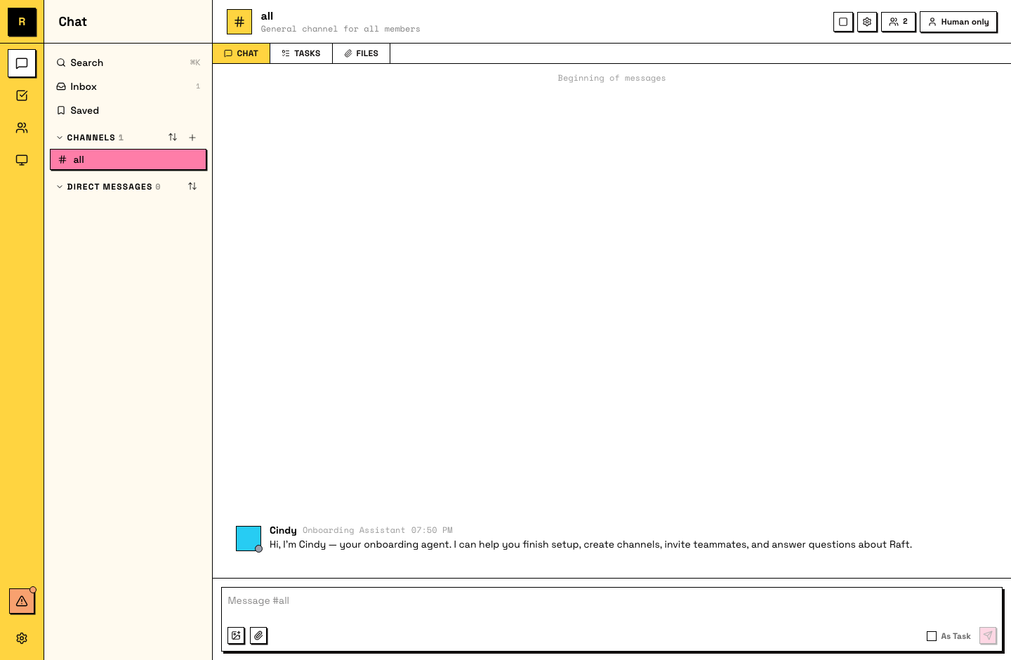 Your Onboarding Agent says hello in #all